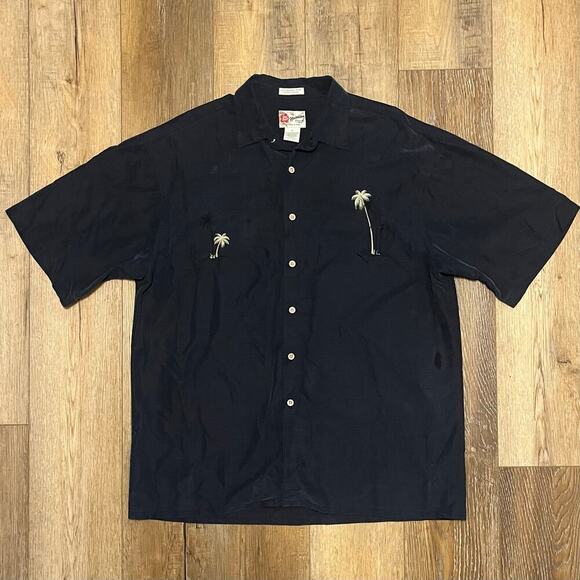 Vintage Hilo Hattie Camp Shirt Embroidered Palm Black Coconut Button Men’s XL - Picture 1 of 7